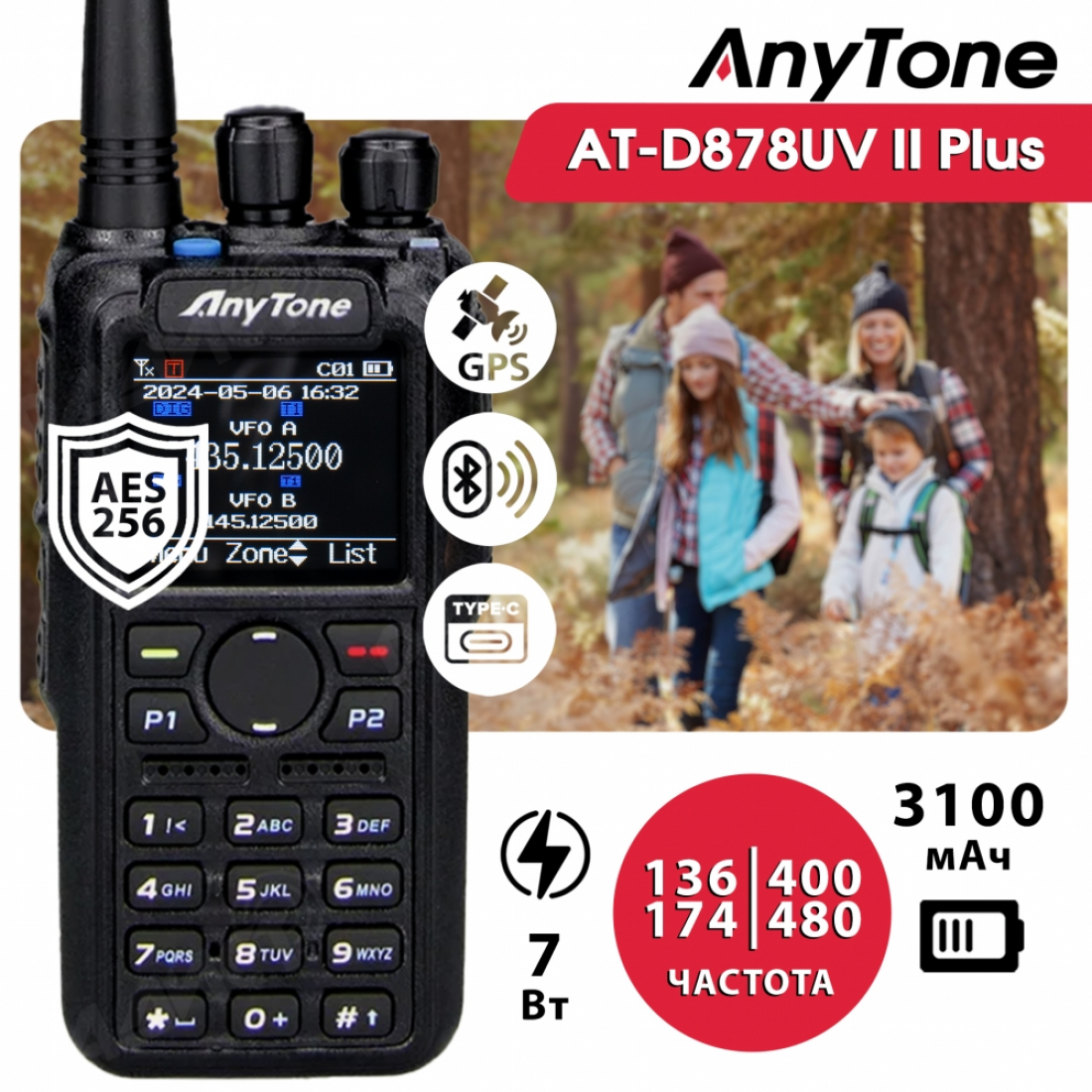 Радиостанция Anytone AT-D878UV II Plus AES256 TYPE-C (GPS+Bluetooth)
