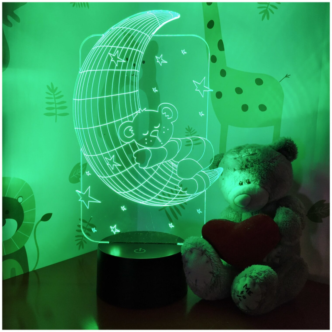 Светодиодный 3D ночник Мишка на луне, USB, 8 цветов