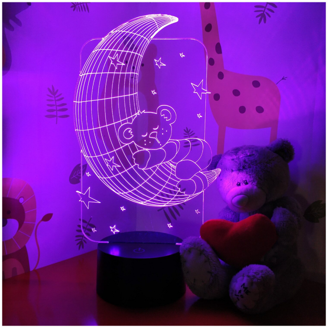 Светодиодный 3D ночник Мишка на луне, USB, 8 цветов