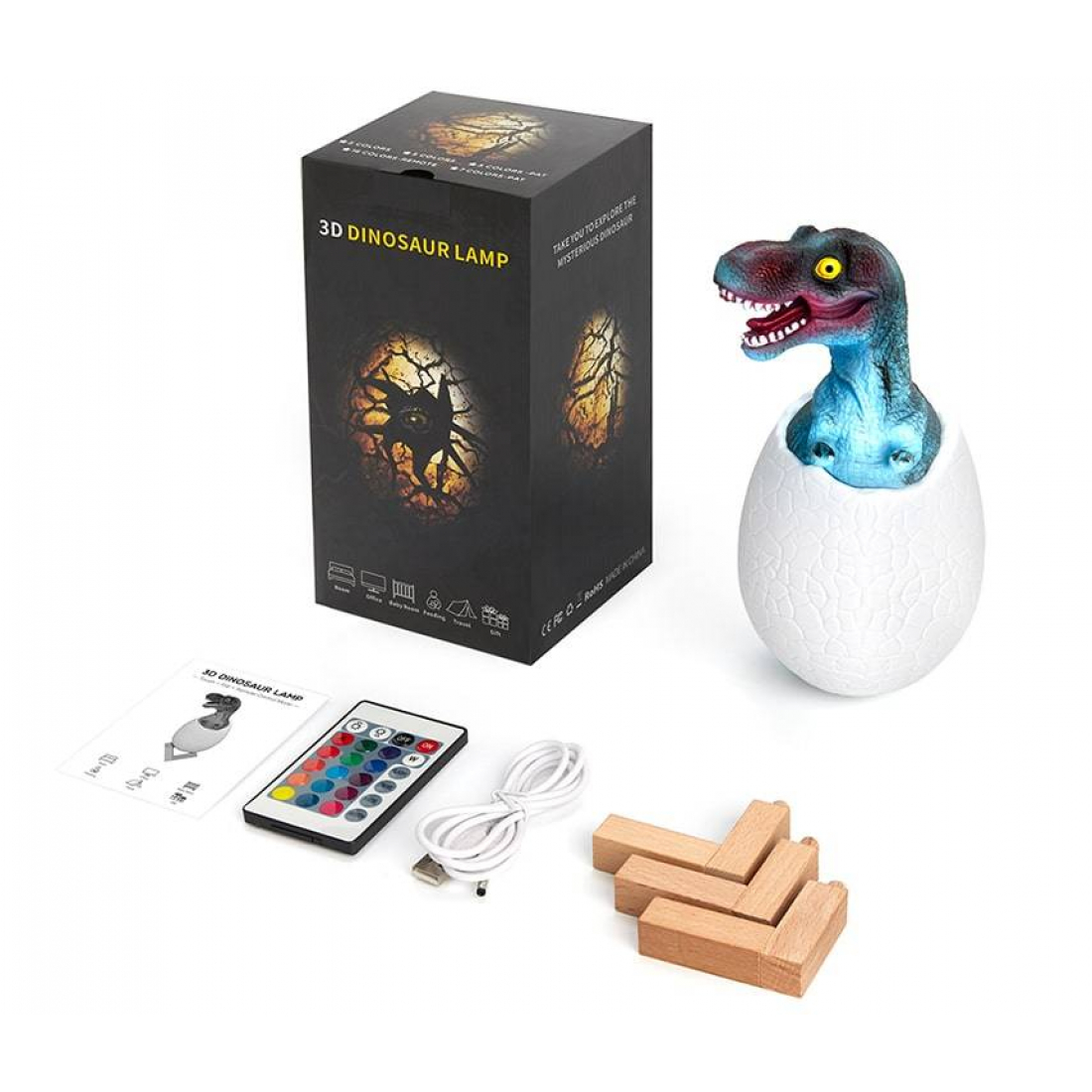 3D Светильник Ночник Динозавр в яйце, USB, 16 цветов, 4 режима, Тиранозавр