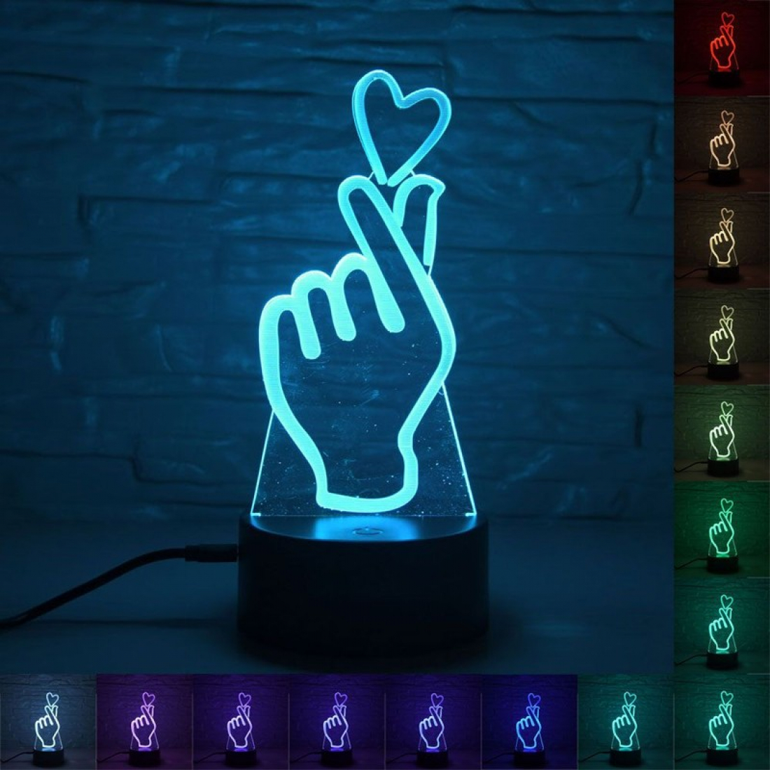 Светодиодный 3D ночник Корейское сердечко, USB, 8 цветов