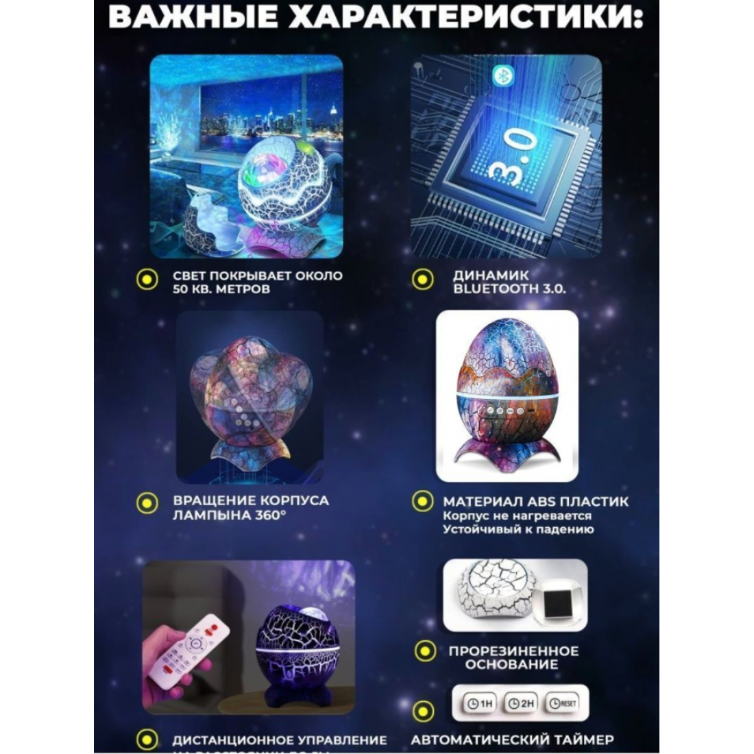 Ночник - проектор звёздного неба 'Космическое яйцо - лунная туманность' с пультом управления