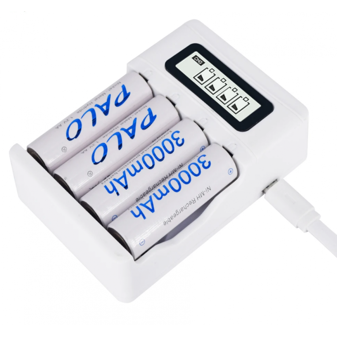 Аккумуляторные батарейки АА Ni-MH белые (Пальчиковые) Palo 3000 mAh, 1.2 V Комплект 4шт + кейс + зарядка