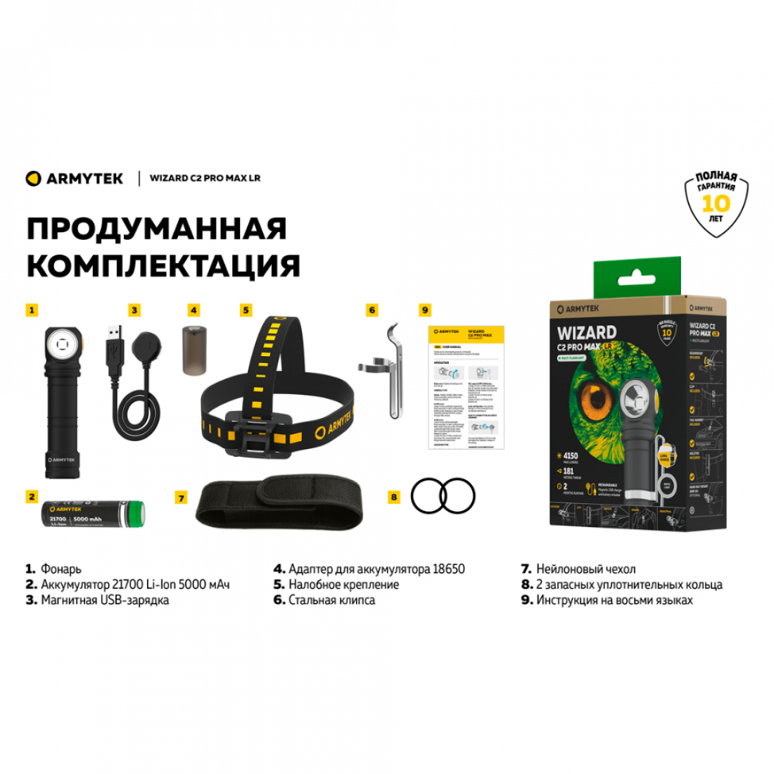 Armytek Wizard C2 Pro Max Magnet USB LR+21700, 4150 лм / белый свет / аккумулятор